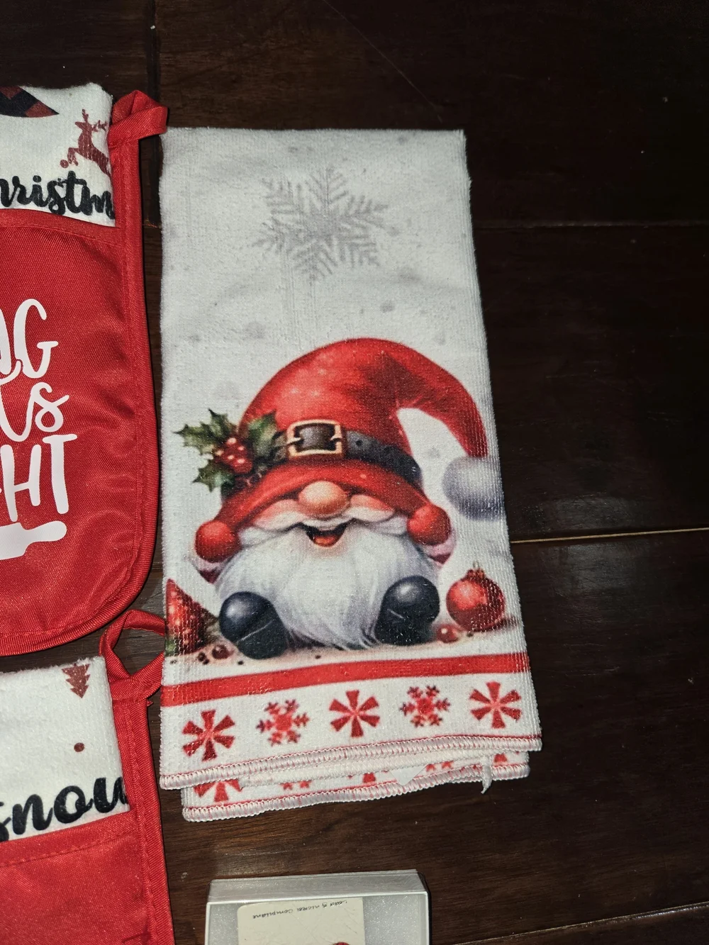 Holiday Red and White Kitchen Towel & Oven Mitt Set And Earrings